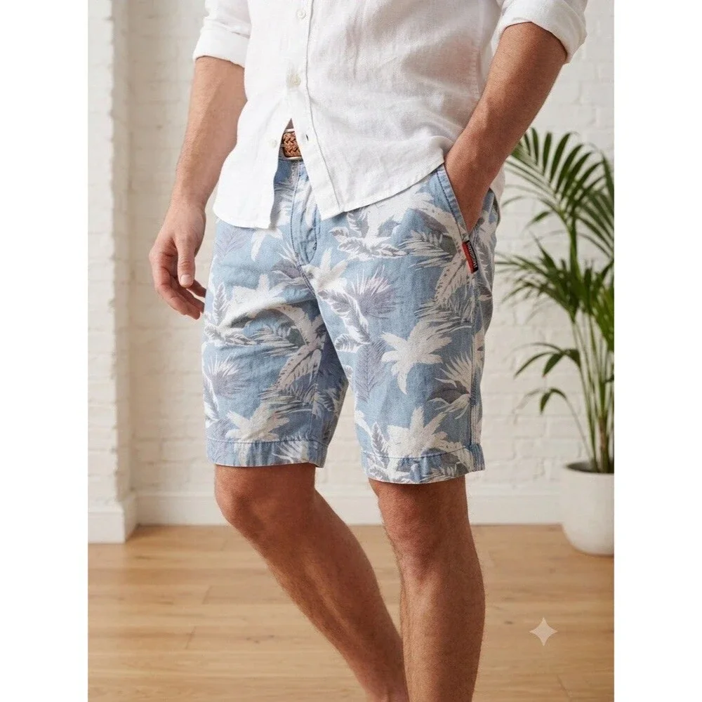 Superdry International Mens Palm Tree Chino Shorts 34W Blue Tropical Beach